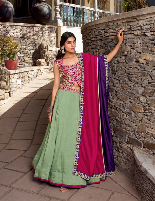 Seegrüner Vichitra-Seiden-Lehenga-Choli mit Pailletten- und Fadenstickerei im Bollywood-Stil der 2000er