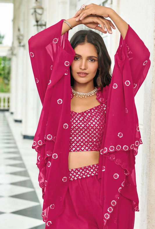 Fuchsia-pinker Georgette-Lehenga-Choli im indisch-westlichen Stil mit Fadenstickerei und Pailletten