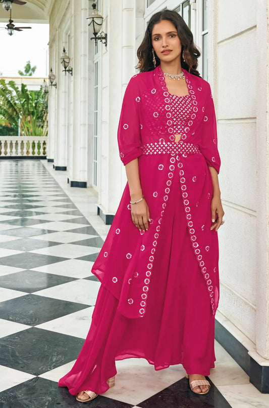 Fuchsia-pinker Georgette-Lehenga-Choli im indisch-westlichen Stil mit Fadenstickerei und Pailletten