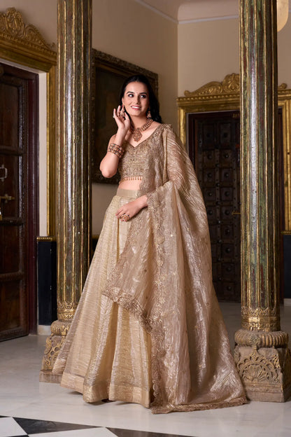Dunkelbeige besticktes Lehenga Choli mit Pailletten und Faden in Crush-Effektfarbe