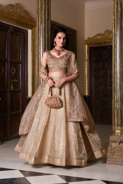 Dunkelbeige besticktes Lehenga Choli mit Pailletten und Faden in Crush-Effektfarbe
