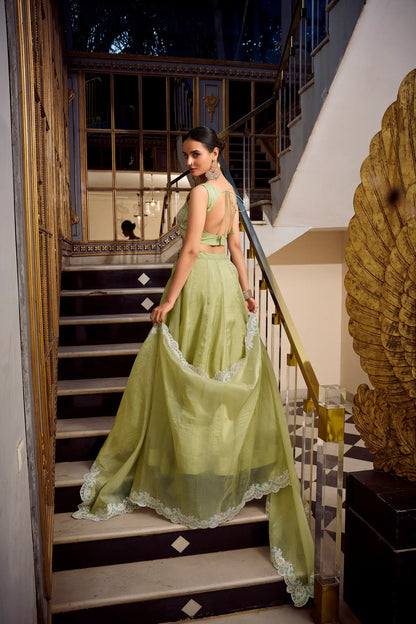 Lehenga Choli en vert clair Gold Crush avec broderie en sequins et fil COLLECTION AYRA
