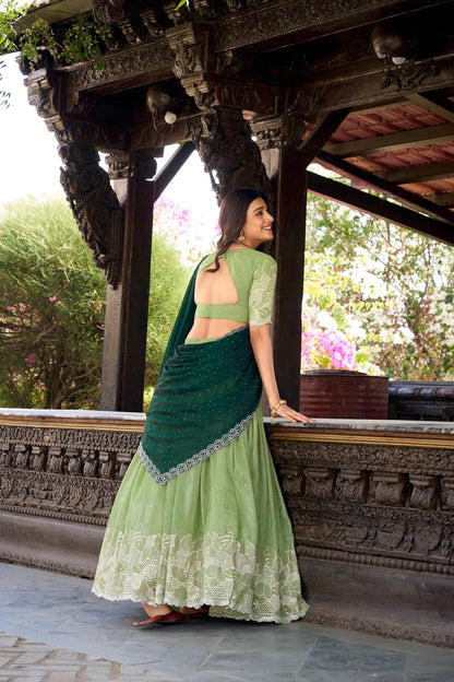 Pistaziengrüner Lehenga Choli aus glänzender Seide mit Pailletten- und Fadenstickerei und Hotfix-Veredelung, AANCHAL COLLECTION