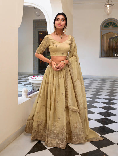 Lehenga Choli en Blanc écru Crush avec broderie à sequins