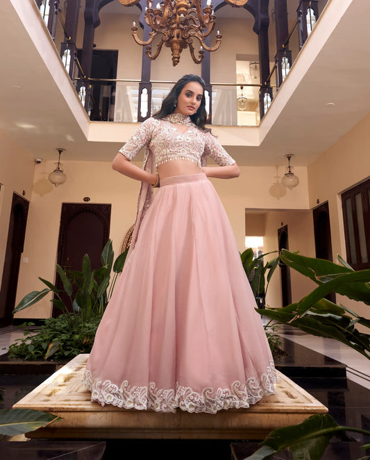Weone – Pastellrosa Lehenga-Choli-Set aus Seide mit Perlen-, Pailletten- und Fadenstickerei