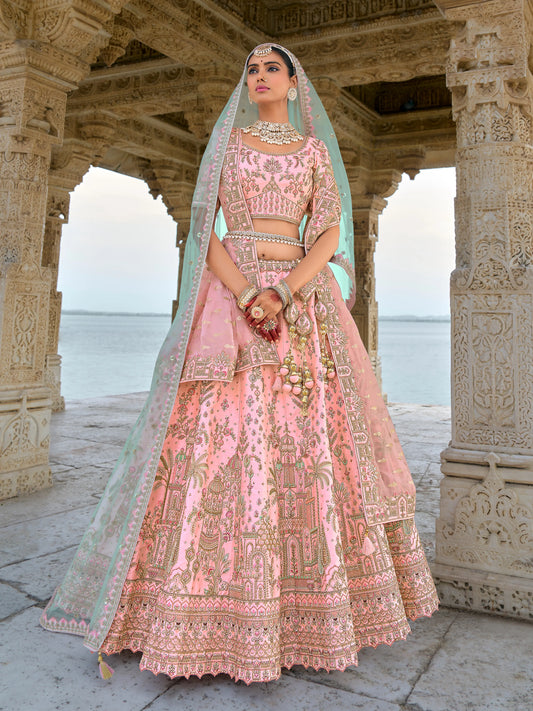 Eleganter rosa-grauer Braut-Lehenga mit Zarkan-Stickerei und Pailletten
