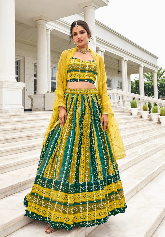 Gelb-mehrfarbiges Georgette-Lehenga-Choli-Set mit Digitaldruck und Stickerei