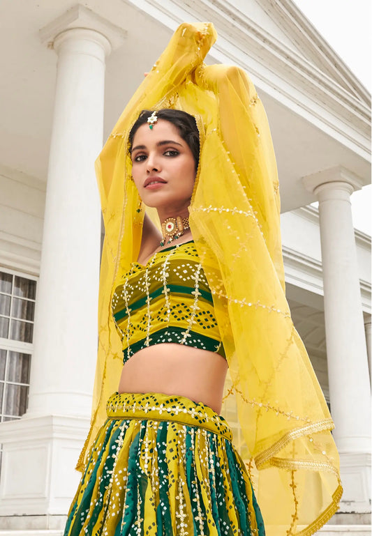 Gelb-mehrfarbiges Georgette-Lehenga-Choli-Set mit Digitaldruck und Stickerei