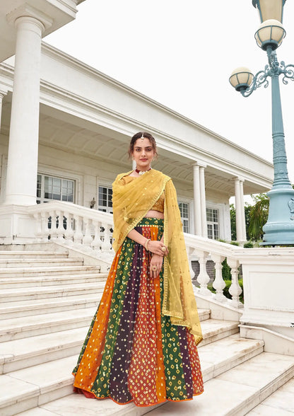 Lehenga Choli en Georgette Beige-Multicolore avec Impressions Digitales et Broderies