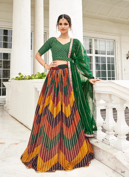 Lehenga Choli en Georgette Vert-Multicolore – Imprimé Numérique et Broderie Fine