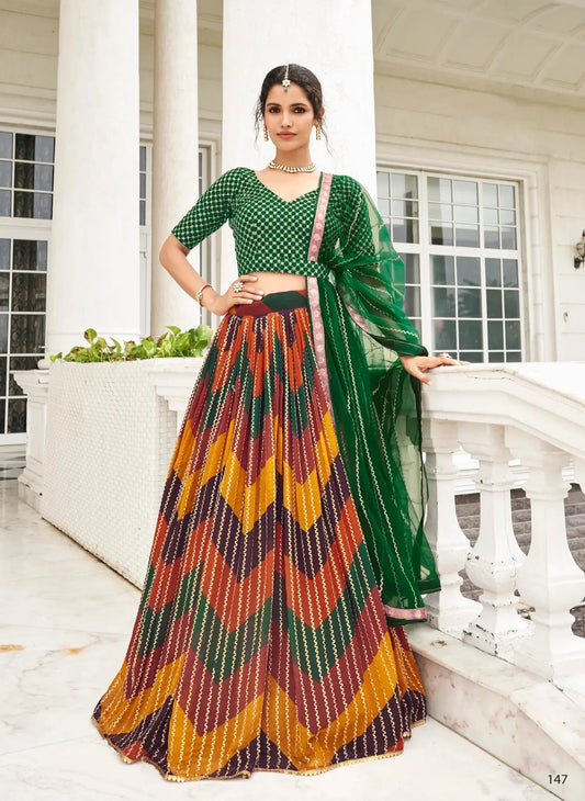 Lehenga Choli en Georgette Vert-Multicolore – Imprimé Numérique et Broderie Fine
