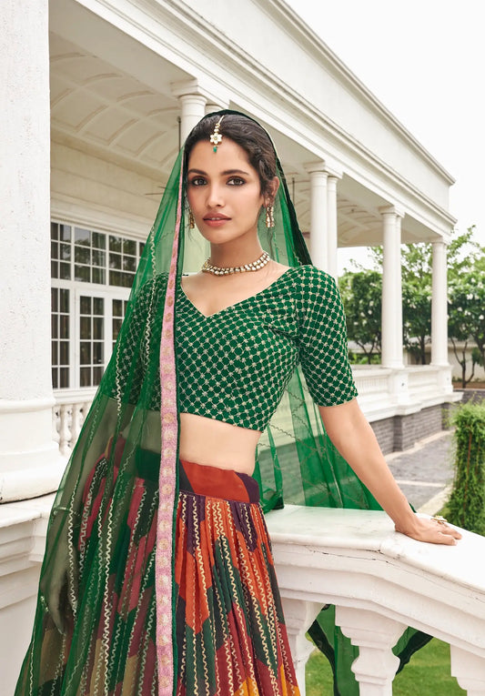 Lehenga Choli en Georgette Vert-Multicolore – Imprimé Numérique et Broderie Fine