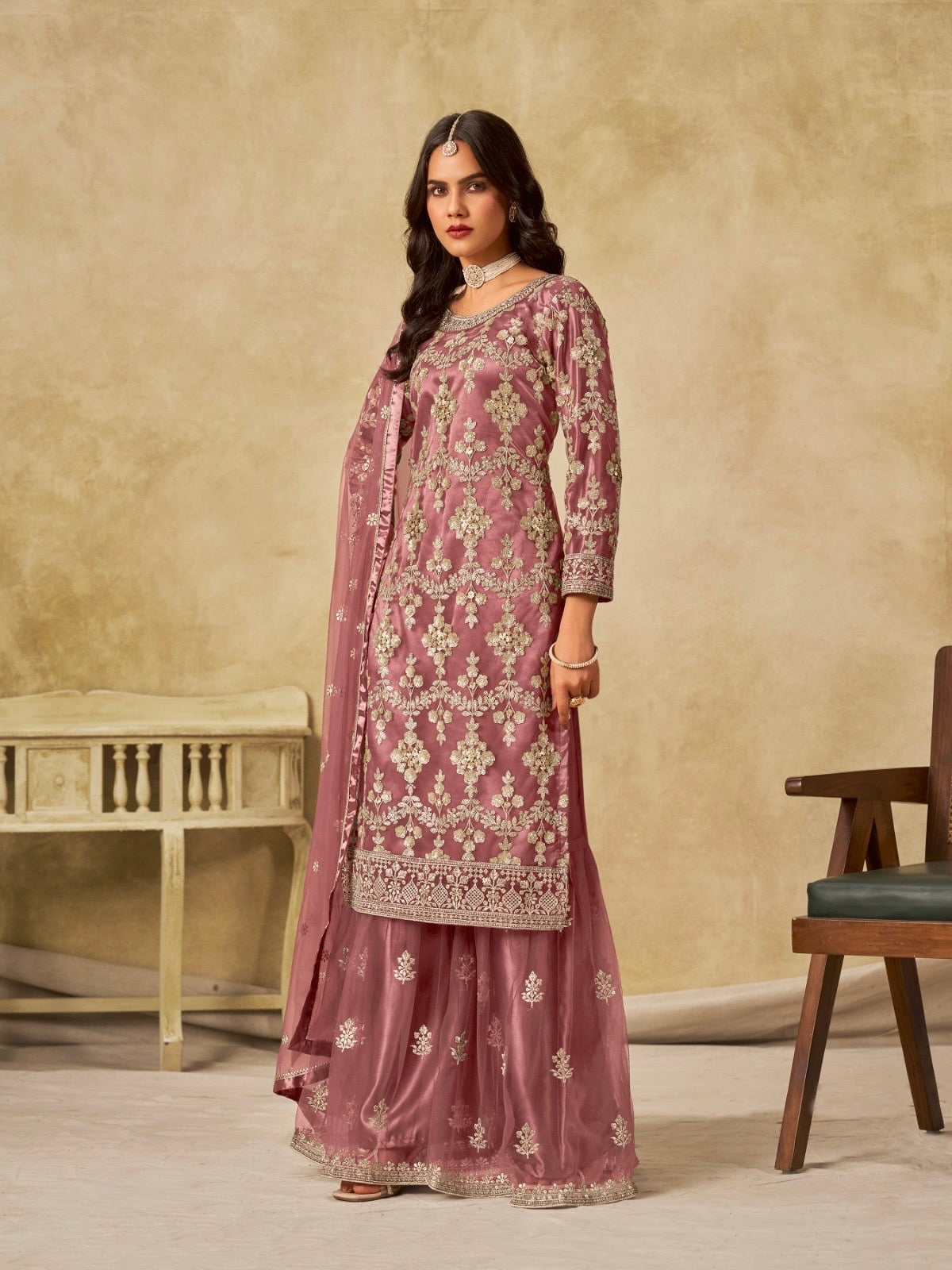 Salwar suit rose gold en net COLLECTION SIMARAN