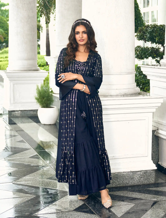 Marineblaues Georgette-Sharara-Set im indo-westlichen Stil mit Fadenstickerei und Pailletten