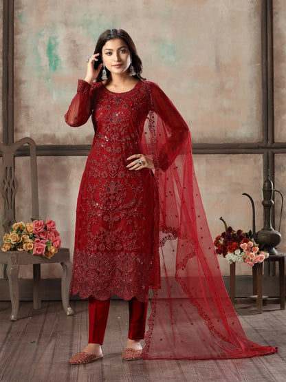 Ensemble Salwar Rouge en Filet avec Broderie au Fil et Sequins