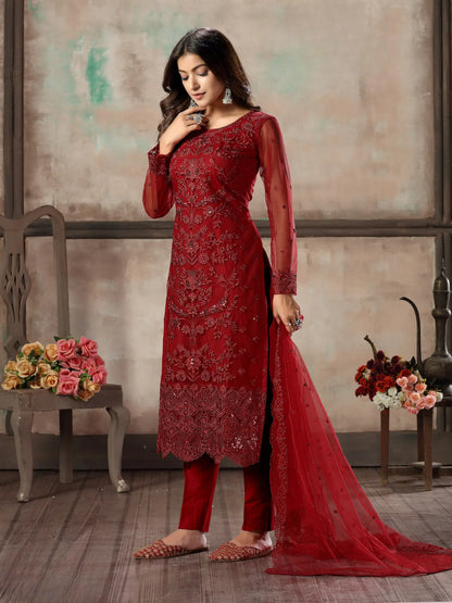 Ensemble Salwar Rouge en Filet avec Broderie au Fil et Sequins