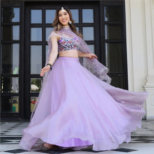Lavender purple floral organza lehenga set with Gota Patti work and Resham thread embroidery and sequins