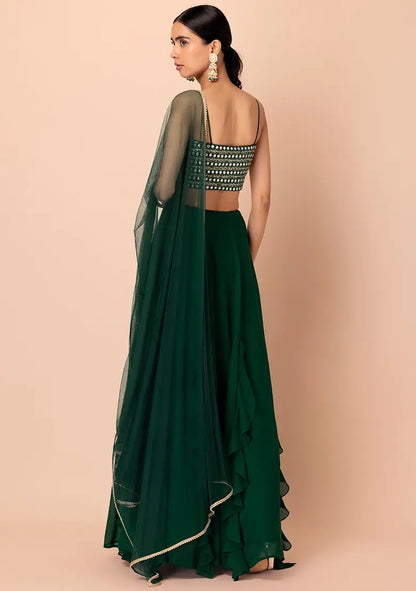 Lehenga fancy en Georgette Vert avec un travail de sequins multiples