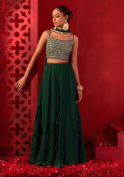 Lehenga fancy en Georgette Vert avec un travail de sequins multiples