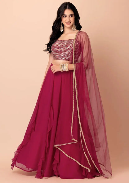 Lehenga fancy en georgette rose avec travail de sequins multiples