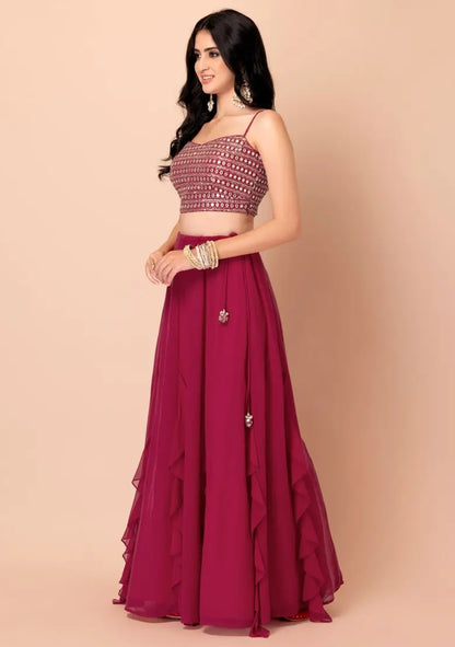 Lehenga fancy en georgette rose avec travail de sequins multiples