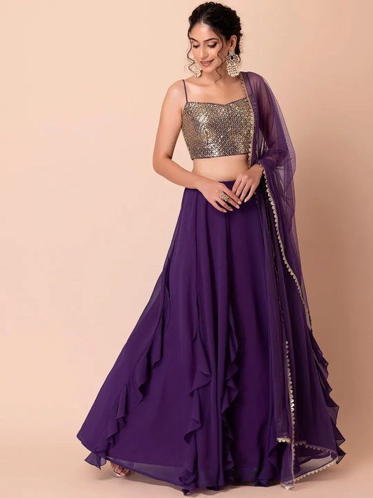 Lehenga fancy en georgette violette avec travail de sequins multiples