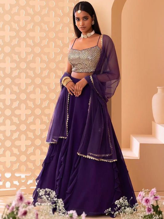 Lehenga fancy en georgette violette avec travail de sequins multiples