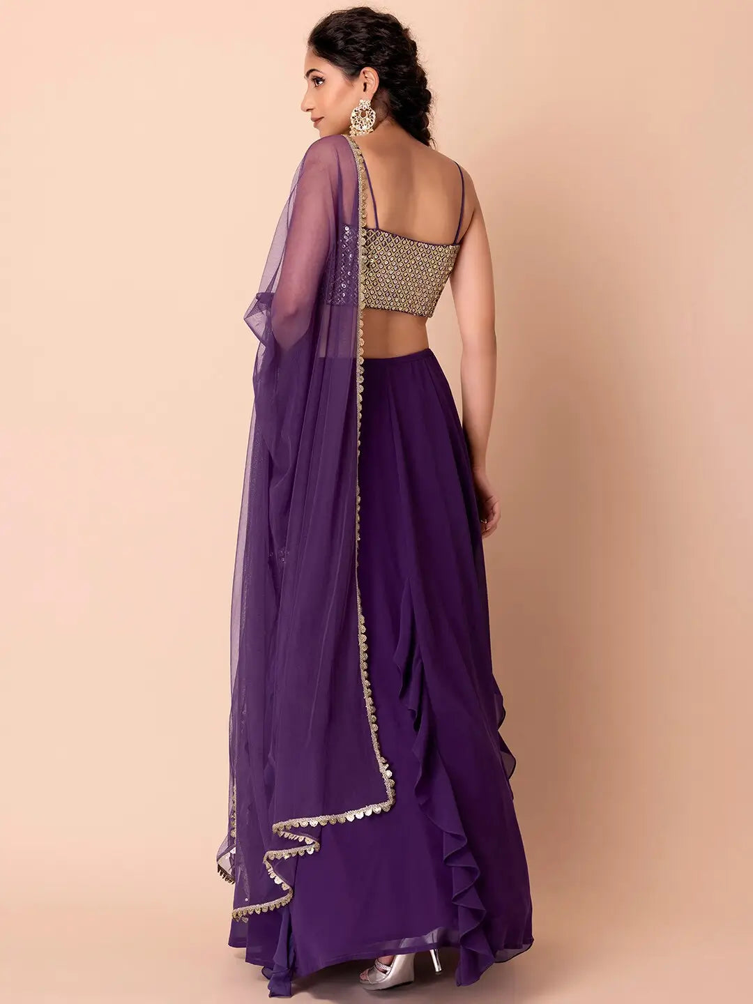 Lehenga fancy en georgette violette avec travail de sequins multiples