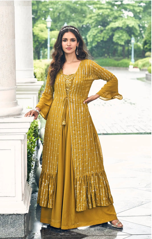 Indo-westliches Sharara-Set aus gelbem Georgette mit Fadenstickerei und Pailletten