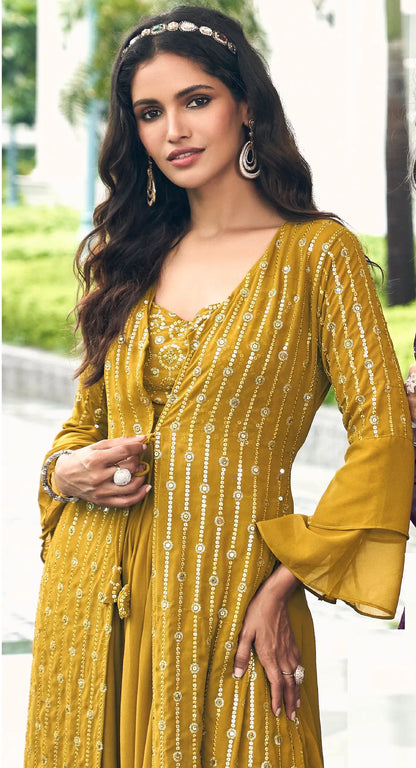 Indo-westliches Sharara-Set aus gelbem Georgette mit Fadenstickerei und Pailletten