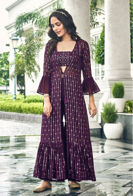 Indo-Western Sharara Set in Dark Grape Purple Georgette with Thread Embroidery and Sequins