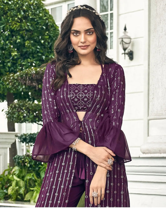 Indo-Western Sharara Set in Dark Grape Purple Georgette with Thread Embroidery and Sequins