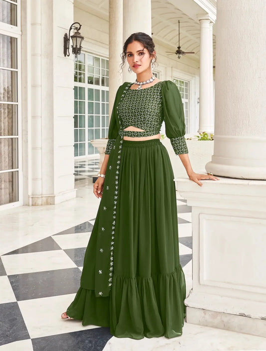 Olivgrüner Georgette Lehenga Choli mit Fadenstickerei und Pailletten