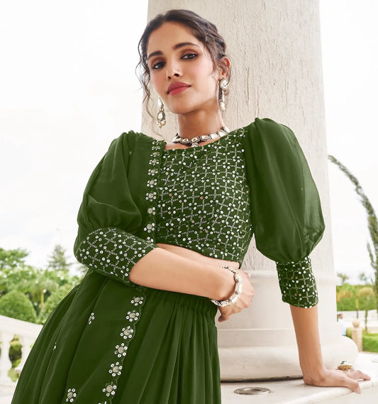 Olivgrüner Georgette Lehenga Choli mit Fadenstickerei und Pailletten