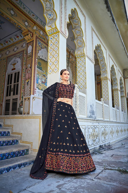 Deep blue georgette lehenga choli with thread and sequin embroidery