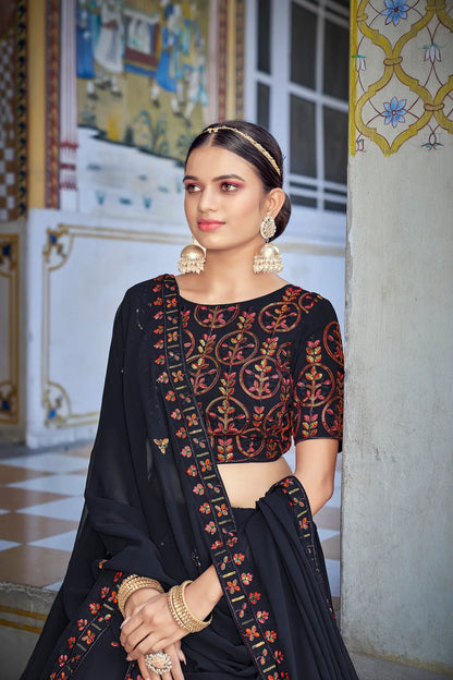 Deep blue georgette lehenga choli with thread and sequin embroidery