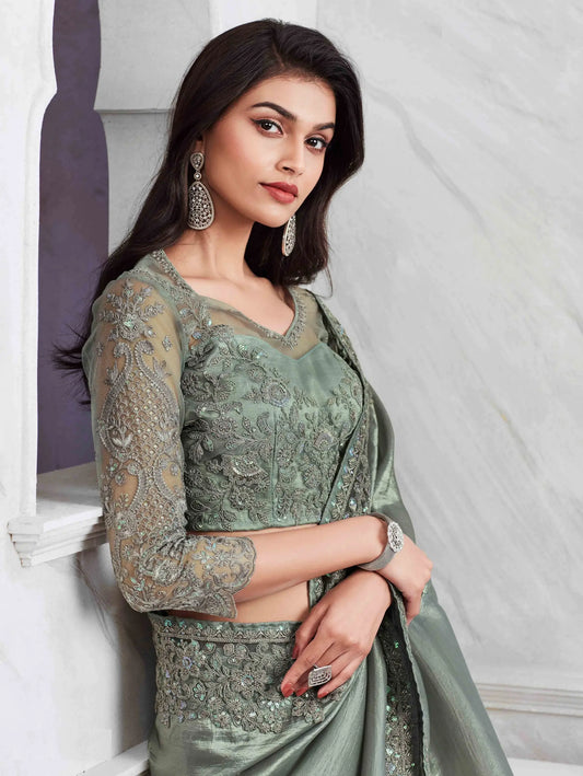 Sari en soie Sim-Sim vert sauge