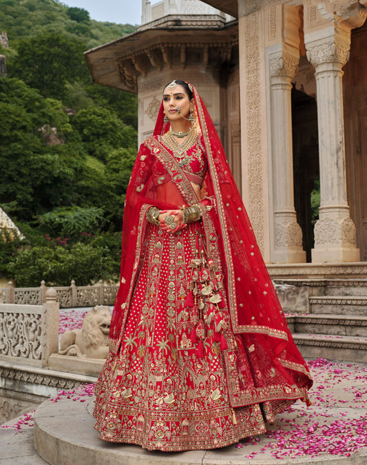 Lehenga de mariée rouge ANEET avec détails de broderies dorées