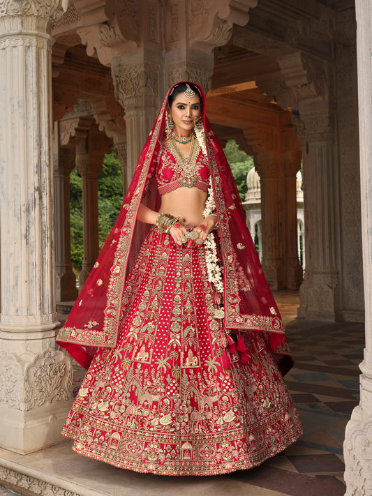 Lehenga de mariée rouge ANEET avec détails de broderies dorées