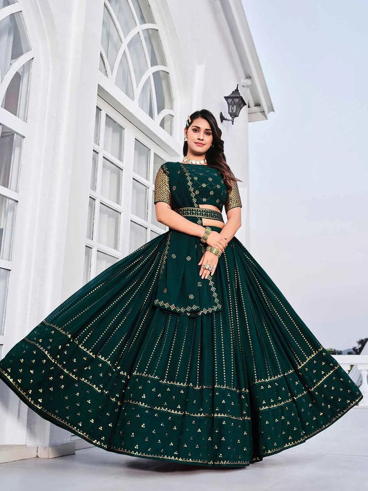 Teal Green Georgette Lehenga Choli Set with Thread Embroidery and Sequins