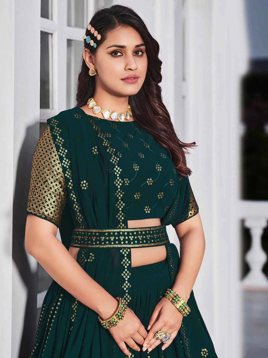 Teal Green Georgette Lehenga Choli Set with Thread Embroidery and Sequins