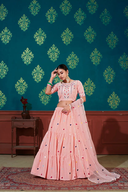Lehenga Choli en Coton Pêche avec Broderie au Fil et Sequins