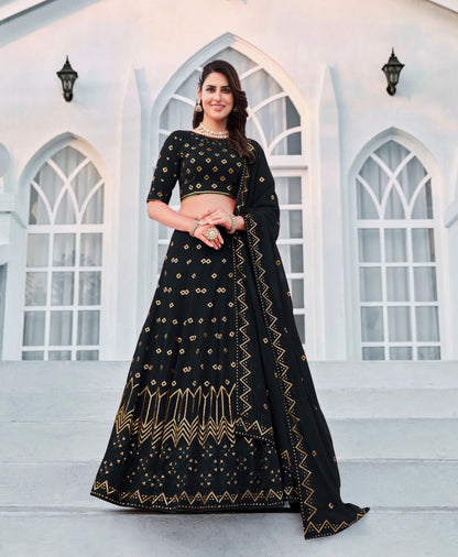 Ensemble Lehenga Choli bleu marine en georgette avec broderie en fil et sequins