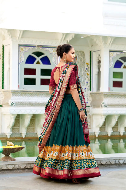 Green Tussar Silk Lehenga Choli – Patola Print and Metallic Foil Work