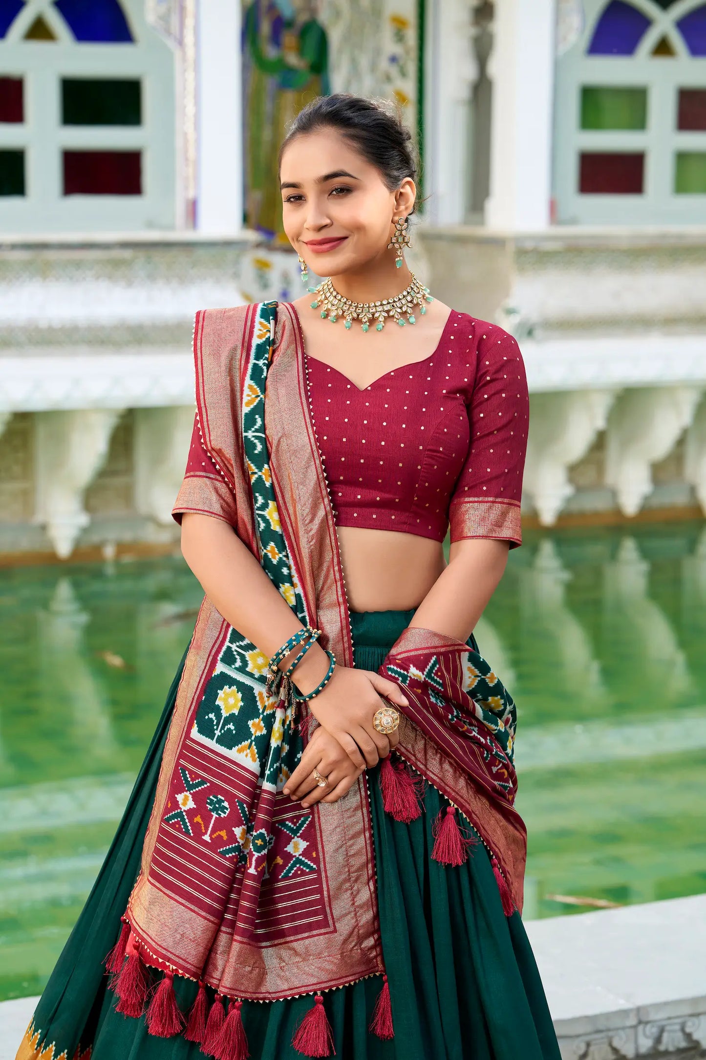 Green Tussar Silk Lehenga Choli – Patola Print and Metallic Foil Work