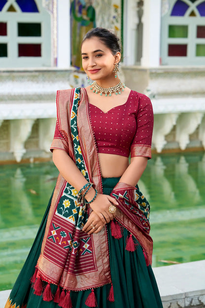 Green Tussar Silk Lehenga Choli – Patola Print and Metallic Foil Work