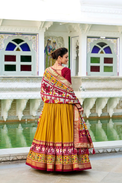 Mustard Tussar Silk Lehenga Choli – Patola Print and Metallic Foil Work