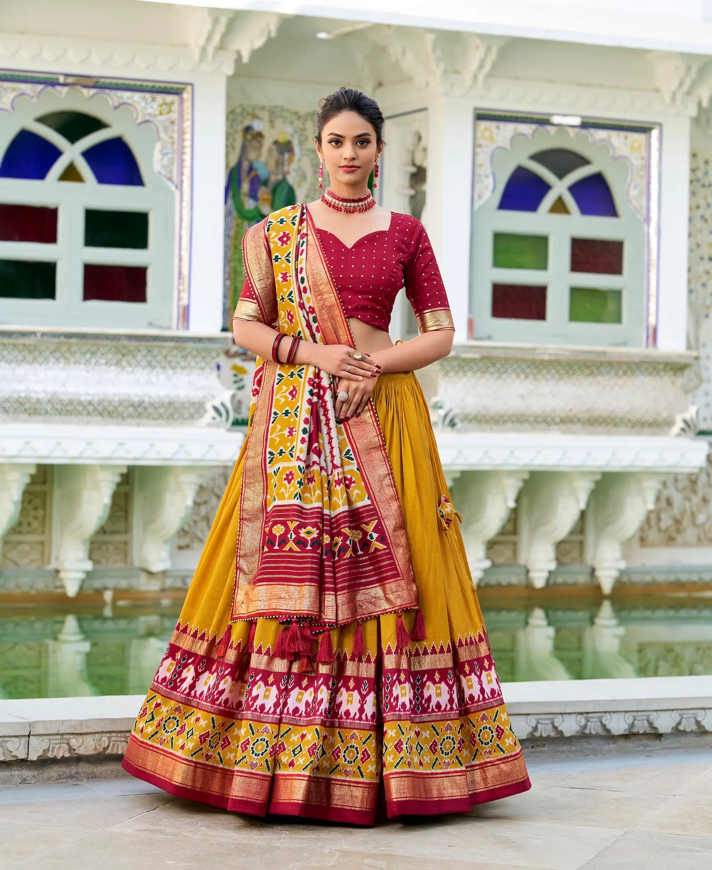 Mustard Tussar Silk Lehenga Choli – Patola Print and Metallic Foil Work
