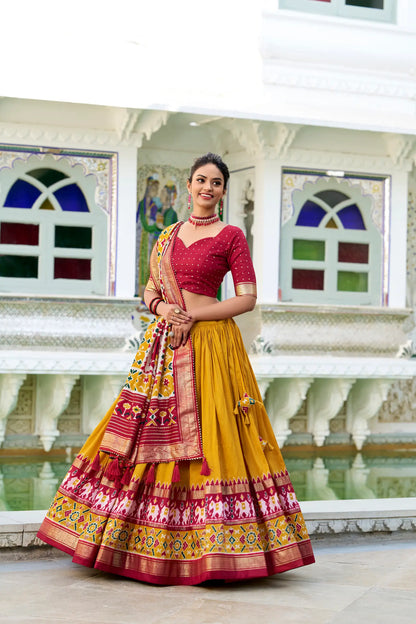 Mustard Tussar Silk Lehenga Choli – Patola Print and Metallic Foil Work