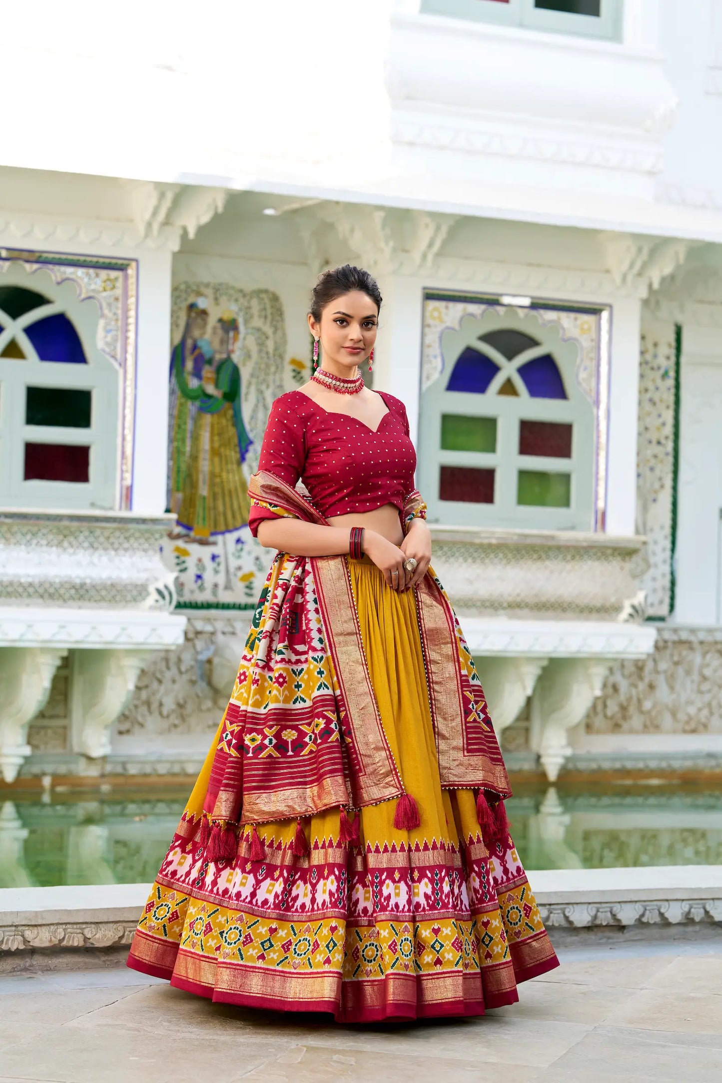 Mustard Tussar Silk Lehenga Choli – Patola Print and Metallic Foil Work